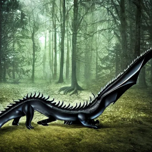 Image similar to dragon out of a pool of oil, photograph taken in a dark forest