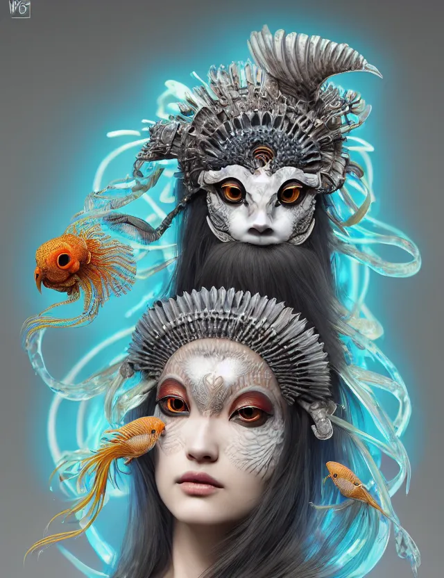 Image similar to 3 d goddess close - up 3 / 4 portrait with ram skull. beautiful intricately detailed japanese crow kitsune mask and clasical japanese kimono. betta fish, jellyfish phoenix, bio luminescent, plasma, ice, water, wind, creature, artwork by tooth wu and wlop and beeple and greg rutkowski