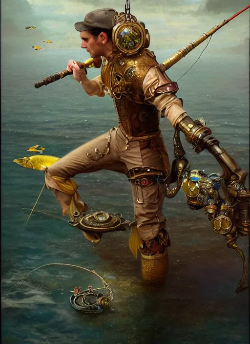 Image similar to hyper realistic fisherman, birds eye view, magical, gems, jewels, gold, steampunk, cyberpunk utopia, painted by tom bagshaw, mucha, gaston bussiere, craig mullins, j. c. leyendecker 8 k