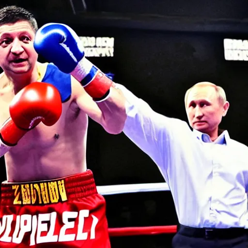 Image similar to volodymyr zelensky beating putin in a boxing match