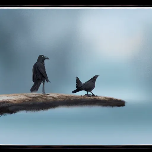 Image similar to a crow and a squirrel walking towards the horizon, matte painting, digital art, artstation,