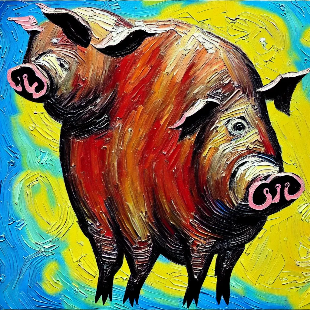 Image similar to large pig painted in a style of painting similar to Van Gogh but more impasto and less hatching