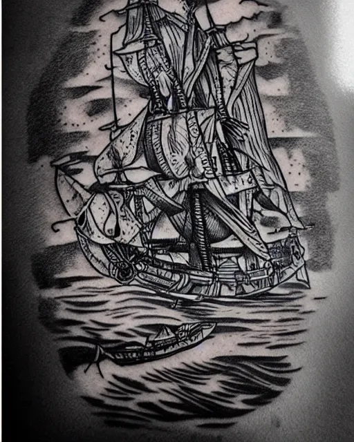 Image similar to A tattoo design on paper of a pirate ship, on paper, black and white, highly detailed tattoo, realistic tattoo, by nik lucas