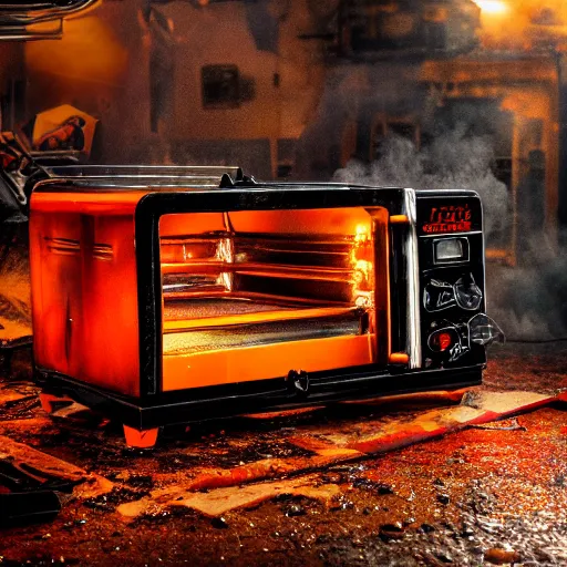 Image similar to head of toaster oven mecha, dark messy smoke - filled cluttered workshop, dark, dramatic lighting, orange tint, cinematic, highly detailed, sci - fi, futuristic, movie still