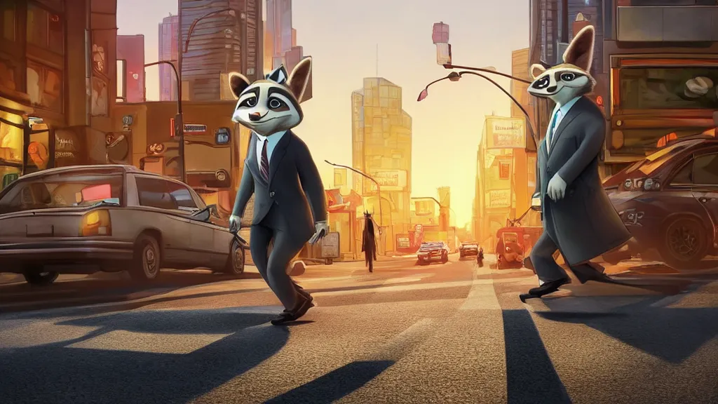 Image similar to An anthropomorphic raccoon businessman is walking down a busy crosswalk at sunset, warm lighting with an orange glow blanketing the cityscape, zootopia, other anthropomorphic characters are walking by him, extremely detailed, HDR, sideview, solemn and moody, many cars and animal people in the background, detailed face and eyes, large and detailed eyes with visible pupils, the road is wet with many rain puddles, reflections from the water on the ground, shadows are being cast from the cars and people walking around, raining