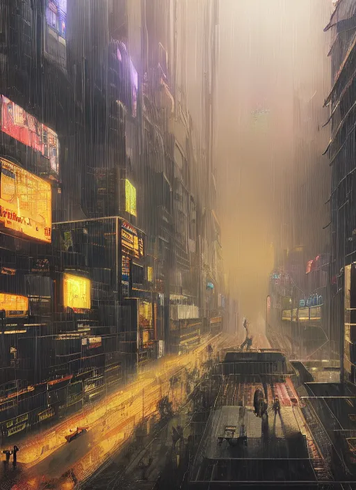 Prompt: a cyberpunk city, raining, mist by Denis Villeneuve, Trending on artstation, yellow scheme, 8k, wide-angle lens