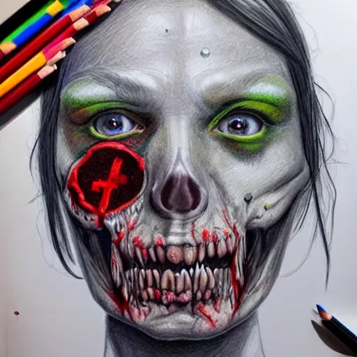 Image similar to Colored pencil art on paper, Zombie Nurse, highly detailed, artstation, MasterPiece, Award-Winning, Caran d'Ache Luminance