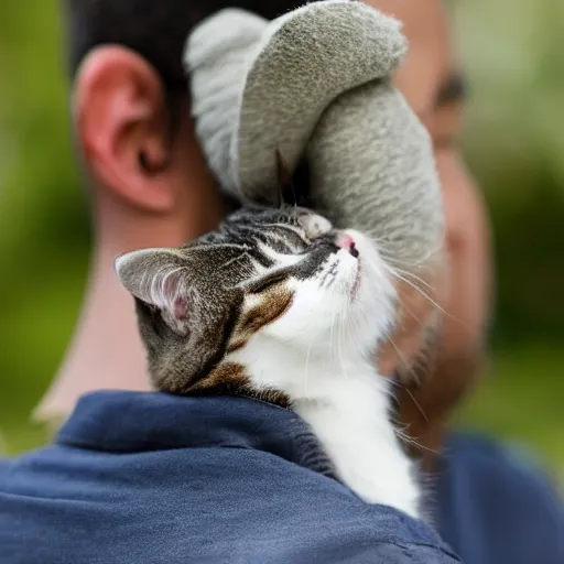 Image similar to a man with a cat sitting on his head