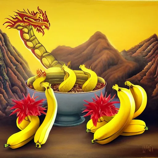 Image similar to Chinese president with bananas, dragon, fight, flaming mountain, painting