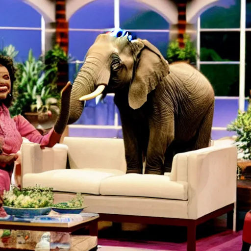 Image similar to an elephant sitting as a guest in the oprah winfrey show