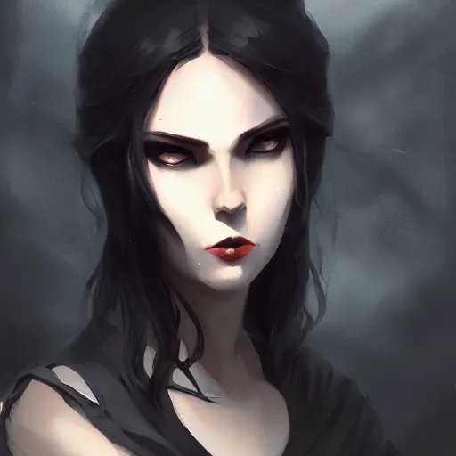 Image similar to female human vampire witch in the style of greg rutkowski, makoto shinkai, trending on artstation, character design, concept art, pretty face, highly detailed, long black hair, portrait, digital art