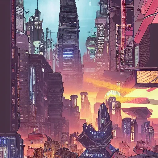 Image similar to A City Landscape of a Cyberpunk utopia, award winning comic book style, hyperdetailed, sharp, intricate