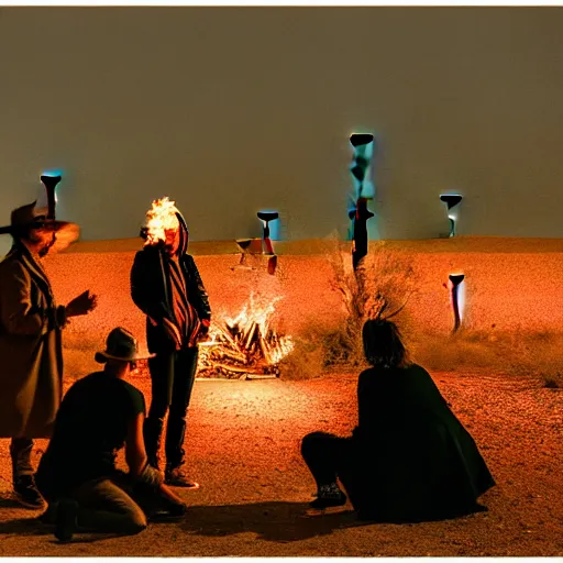 Image similar to atmospheric photograph of three ravers, two men, one woman in a trenchcoat blessing the earth, seen from behind, talking around a fire, dancefloor kismet, diverse costumes, clean composition, desert transition area, bonfire, night, australian desert, xf iq 4, symmetry, sony a 7 r, 1 5 0 mp, 5 0 mm