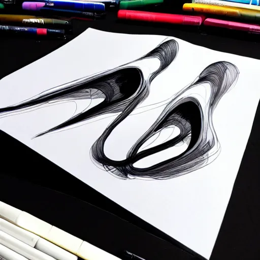 Prompt: a copic colour marker with black gel pen concept art of zaha hadid architecture