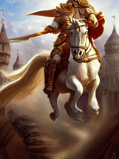 Image similar to a olimpic hero from ancient times, entering triunphantly a city mounted in a white horse. full of pride. victorirous. prideful.. intricate, elegant, highly detailed, digital painting, artstation, concept art, sharp focus, illustration, by justin gerard and artgerm, 8 k