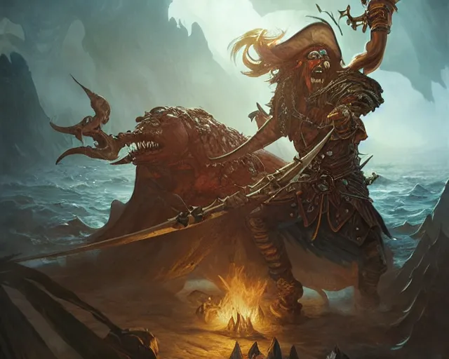 Prompt: an evil pirate from elden ring, fighting a monster, movement, deep focus, d & d, fantasy, intricate, elegant, highly detailed, digital painting, artstation, concept art, matte, sharp focus, illustration, hearthstone, art by artgerm and greg rutkowski and alphonse mucha