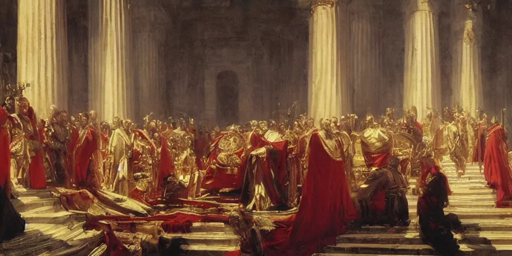 Image similar to beautiful oil painting, steve buscemi in royal crimson robes enthroned as the god emperor of ancient rome surrounded by servants in gilded halls a golden wreath upon his head, by anders zorn, wonderful masterpiece by greg rutkowski, beautiful cinematic light, american romanticism, by thomas lawrence, greg rutkowski