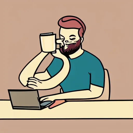 Prompt: muted three color illustration of someone coding and drinking coffee