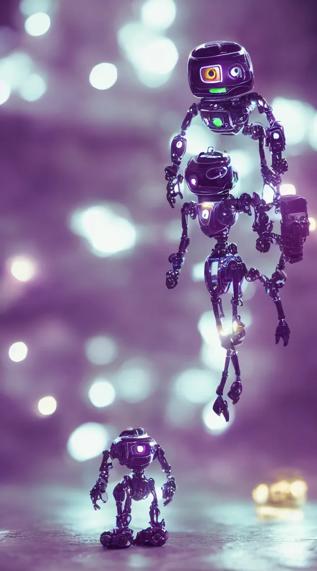 Image similar to tiny robot with purple lights, professional photo, hdr, bokeh, sci fi