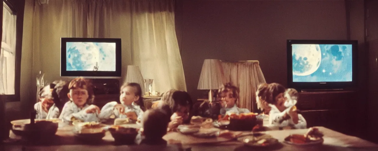 Image similar to a tv showing the moon landing while a family eats spaghetti, in the style of diane arbus, canon 5 0 mm, wes anderson film, kodachrome, retro