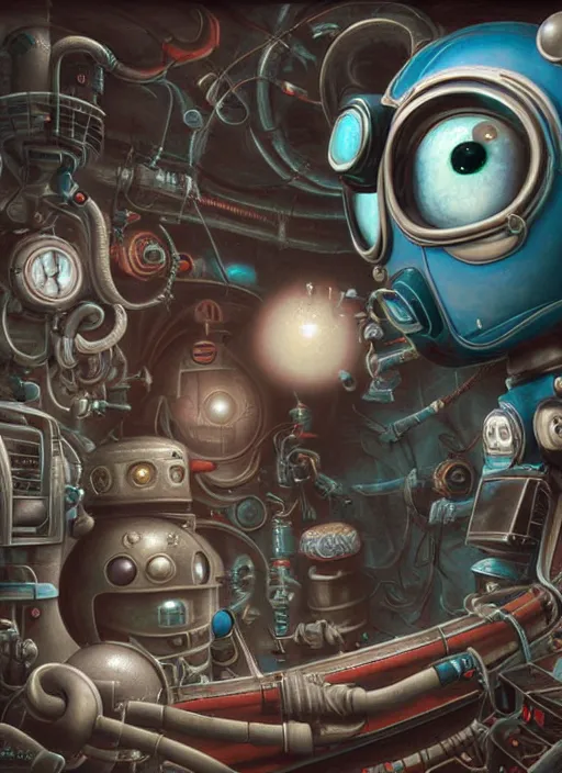 Image similar to highly detailed closeup, portrait of a retro robot deep sea diving, unreal engine, nicoletta ceccoli, mark ryden, earl norem, lostfish, global illumination, detailed and intricate environment