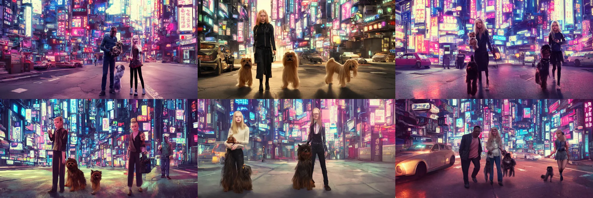 Prompt: Elle Fanning, holding her Yorkshire Terrier, sided by her father and mother, in cyberpunk neo tokyo city street by Sergey Vasnev and square pictures , trending on artstation