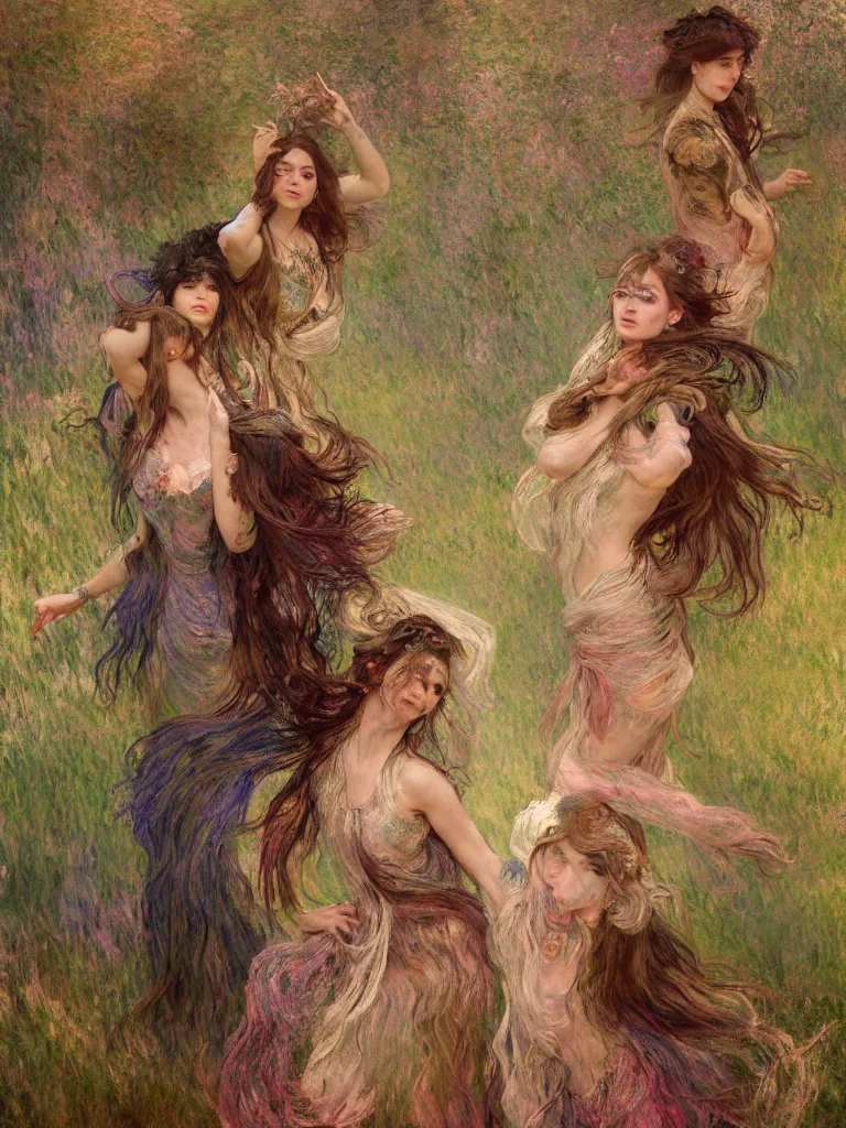 Image similar to illustration studio portrait of three dark beautiful seraphim female energy dancing in artistic poses in a witch's coven at the forest, a big firepit emerges, monet painterly motives and textures pattern, hyper detailed, octane render, vivid colors, artstation, by jeremy mann, by alphonse mucha, by monet