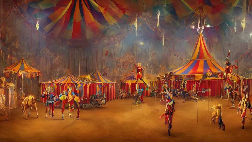 Image similar to of a gang of circus clowns, drinking alcohol, inside a circus tent, matte painting, concept art, 4K