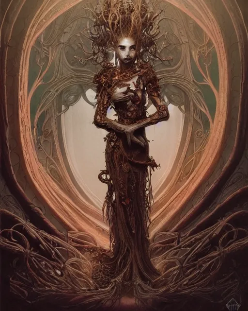 Image similar to a beautiful detailed front view portrait of a dead rotten princess with baroque ornate growing around, ornamentation, elegant, beautifully soft and dramatic lit, by wayne barlowe, peter mohrbacher, kelly mckernan