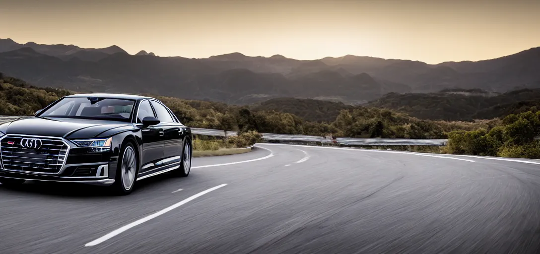 Image similar to black 2020 audi a8 racing on a road on a mountain at sunset, car photography, 4k professional photo