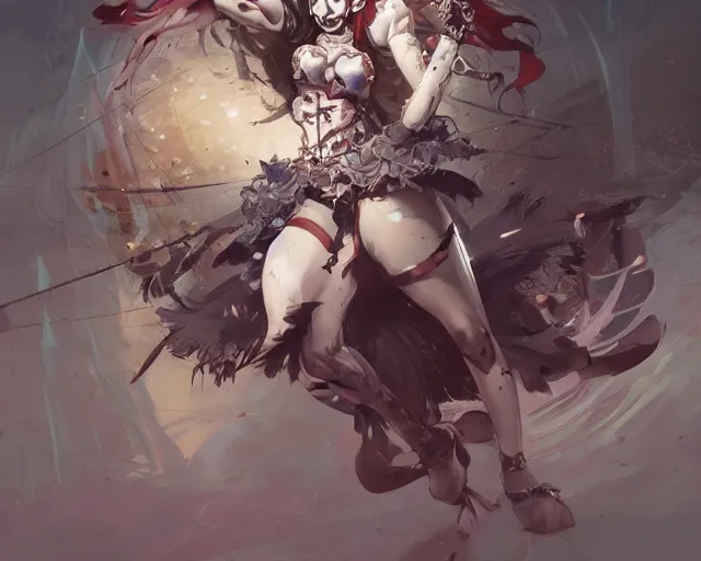 Prompt: anime clown girl warrior fighting a skeleton confident pose, intricate, elegant, sharp focus, illustration, highly detailed, concept art, matte, trending on artstation, anime, art by james jean and artgerm and brian despain and alberto mielgo, greg rutkowski, wlop, ilya kuvshinov, strong strokes