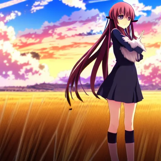 Image similar to anime key visual of Holo from Spice and Wolf standing in a wheat field at sunset, Holo is a wolf girl, high detail, trending on pixiv