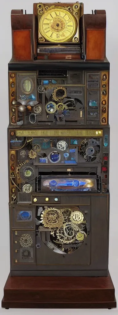 Image similar to An intricate steampunk computer painted by Rene Magritte