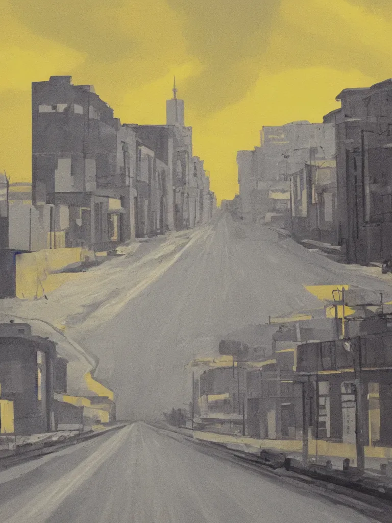 Image similar to gray street of the soviet city, the eighties, yellow sky as background, hyper realistic