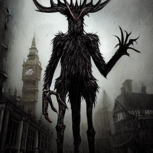 Image similar to ominous spooky wendigo walking through the center of old london city, oil painting, gloomy misty atmosphere, symmetrical, full body image, highly ornate intricate details, very sharp photo,