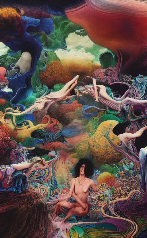 Image similar to ultrawide angle colour masterpiece surreal closeup portrait photography of the beatles playing on stage by miho hirano and annie leibovitz and michael cheval, weird surreal epic psychedelic complex biomorphic 3 d fractal landscape in background by kilian eng and roger dean and salvador dali and beksinski, 8 k