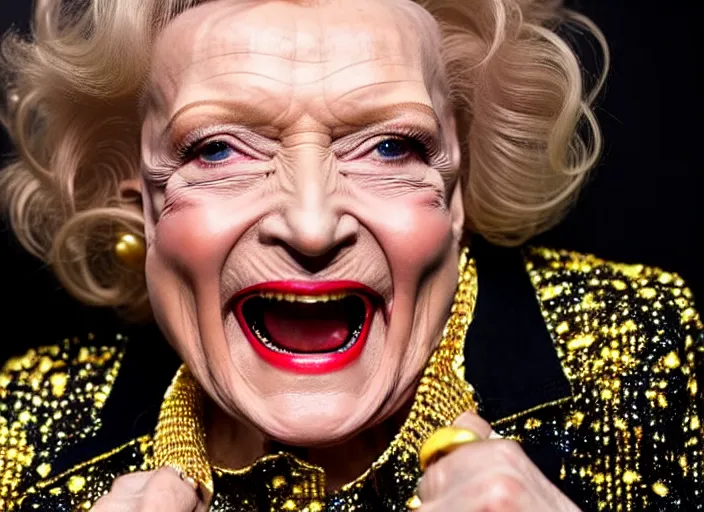 Image similar to publicity photo still of betty white as a gangsta rapper covered in gold chains, with grills in teeth and wearing a jumpsuit live on stage, 8 k, live concert lighting, mid shot