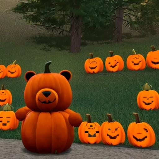 Image similar to a cute smiling bear made out of pumpkins, unreal engine