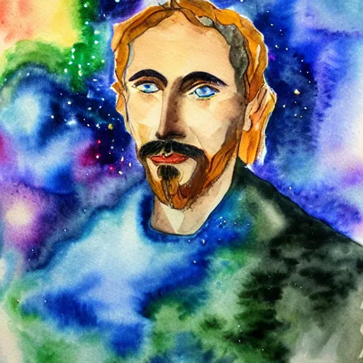 Prompt: Water color creator of universe self-portrait