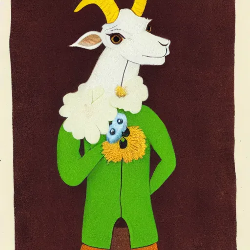 Prompt: a portrait of a anthropomorphic goat that is wearing a light green sweater with a yellow stripe, and is holding a flower.