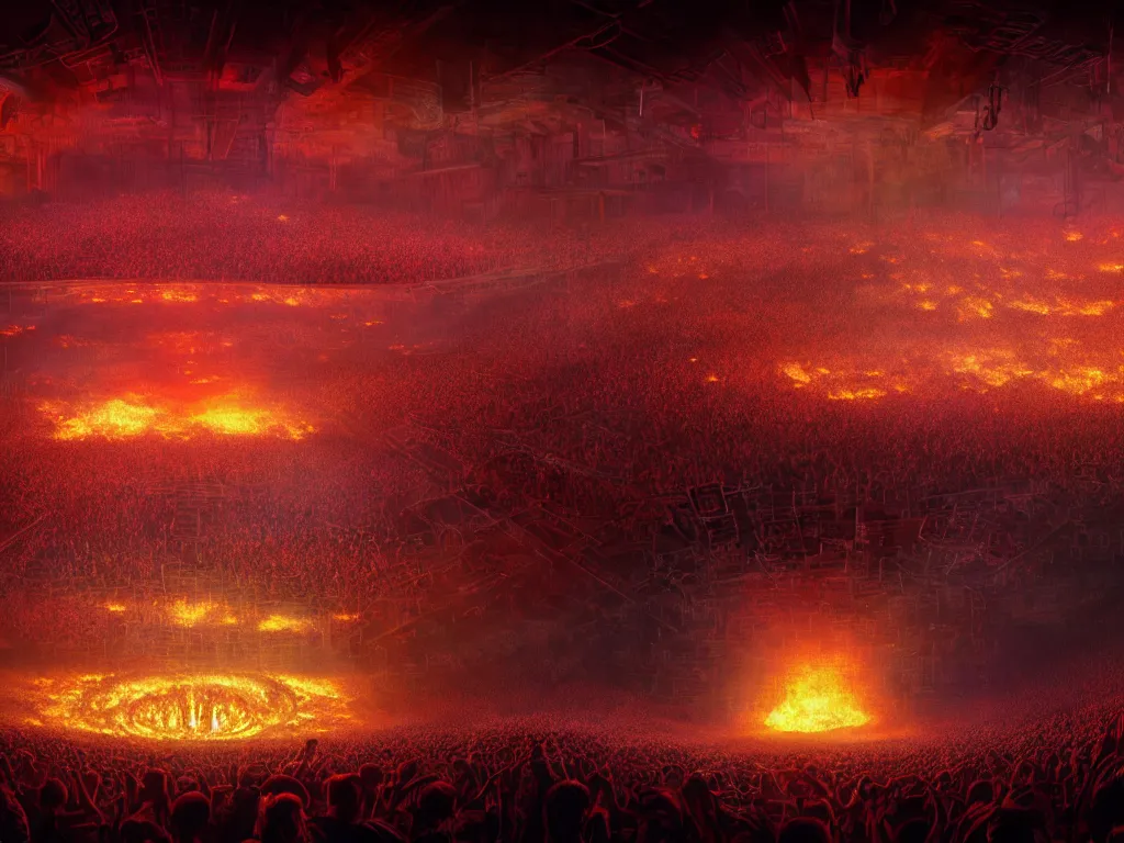 Image similar to 4 k photograph of a concert in hell, brightly lit stage centered and on fire, high contrast, stage lighting, pyrotechnics, ghibli animated film, volumetric lighting, octane render by stanley artgerm lau, greg rutkowski, thomas kindkade, alphonse mucha, loish, norman rockwel,