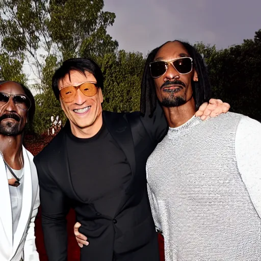 Image similar to a picture of Dwayne Johnson, snoop Dogg and Jackie Chan posing together for the camera