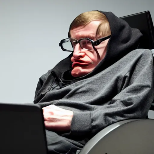 Prompt: Steven Hawking sitting in a dark room with a laptop, wearing a hoodie with a cape on, hacker stock photo, hacking, anonymous, the Matrix