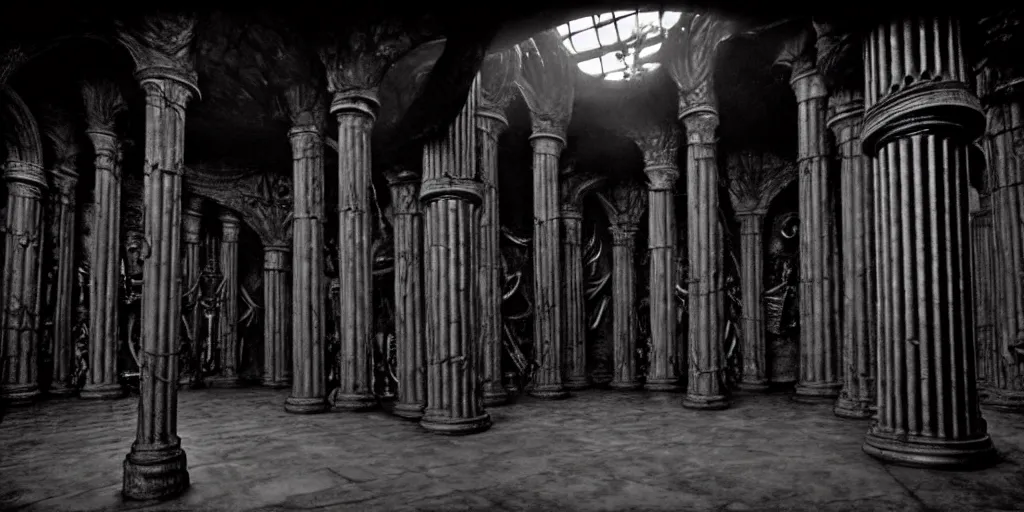 Image similar to durin's bane in the great hall of moria, columns along both sides of the great hall, style of h. r. giger, dark, cinematic