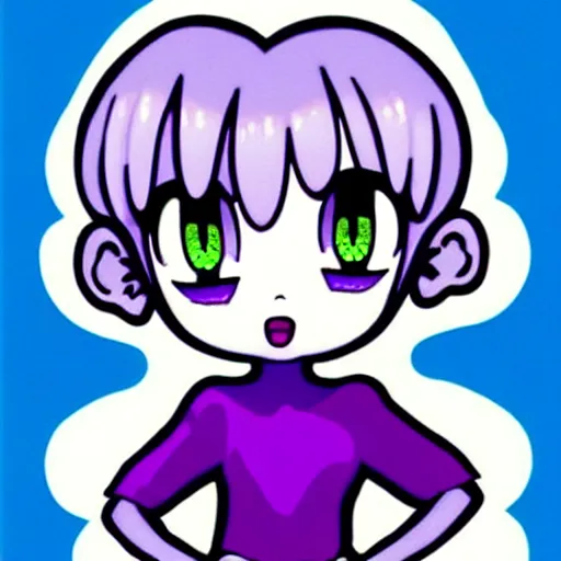 Prompt: the sprite logo personified as a cute sprite themed cartoon girl in the style of lavender town, margaret keane, large dark eyes, extremely detailed and colorful eyes.