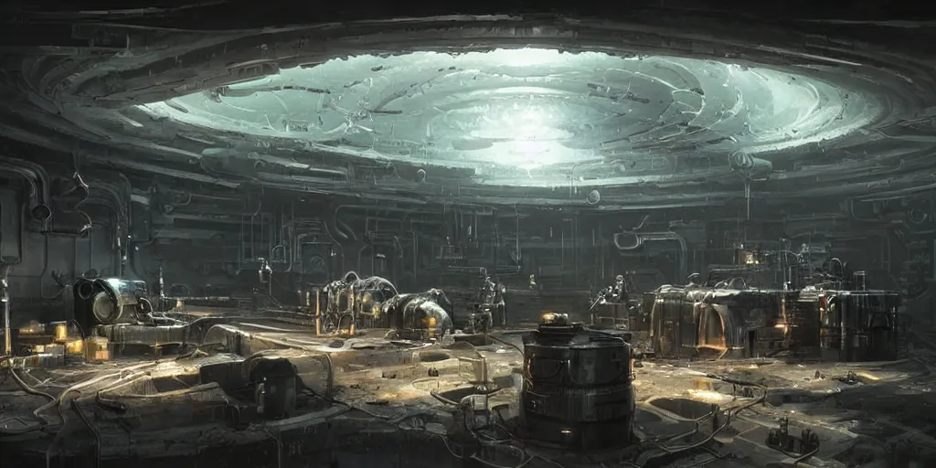 Prompt: bunker laboratory with alien mechanisms!!!!! inside, with mystical glowing fluid!!!!!!, ultra detailed, science fiction illustration, made by greg rutkowski