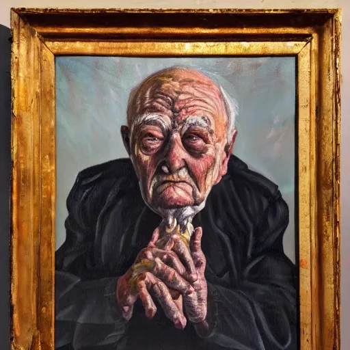 Prompt: macabre magic realism portrait old man sitting in chair : : oil painting by ivan albright