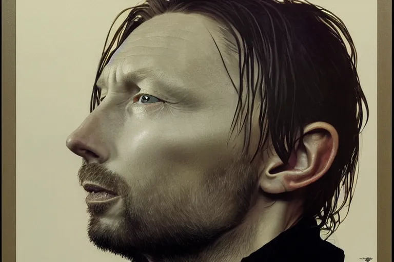 Image similar to hyper realistic portrait of thom yorke mixed with tilda swildon, bigger forehead, bigger chin, from the side, by lee bermejo, alphonse mucha and greg rutkowski