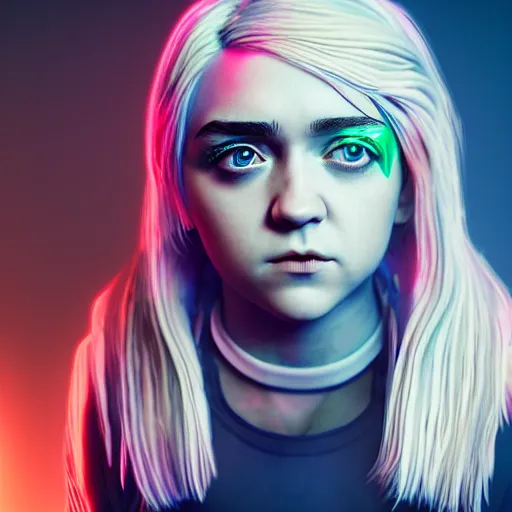 Image similar to Maisie Williams, neon glowing veins on face, cyberpunk background, straight hairstyle, white eyes, blonde hair, realistic render, short hair, unreal engine render, Icaro Carvalho