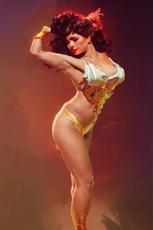 Image similar to a beautiful woman burlesque dancer on a stage, spotlight, highly detailed, digital painting, artstation, concept art, smooth, sharp focus, illustration, cinematic lighting, art by artgerm and greg rutkowski and alphonse mucha